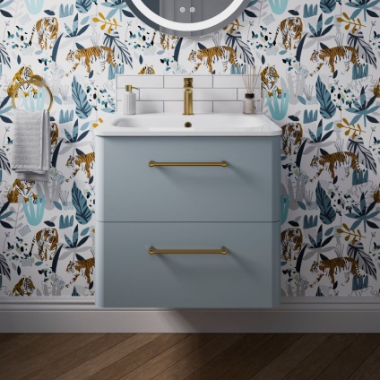 1 Lifestyle Photo - Britton Camberwell 600mm Unit with basin - Dusty Blue - Brass Handles